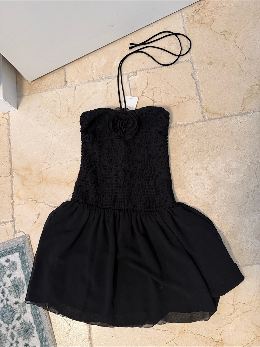 Aritzia Black Strapless Mini Dress with Floral Accent